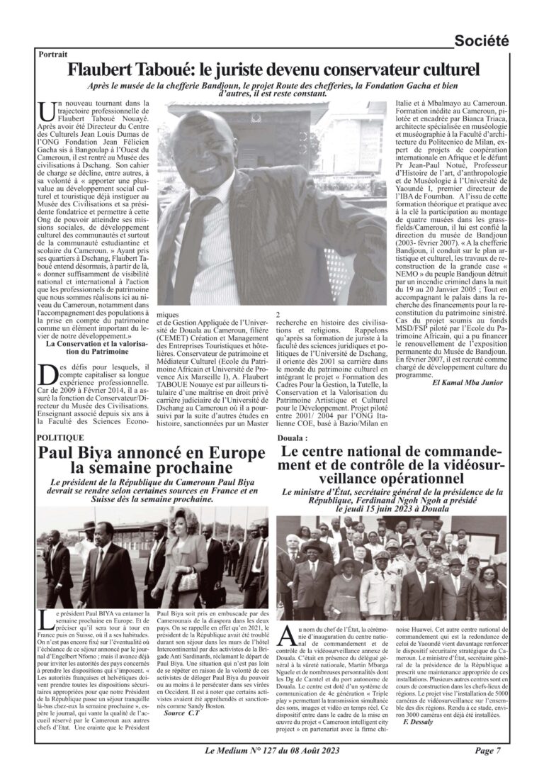 Portrait/   Flaubert Taboué: le juriste devenu conservateur culturel